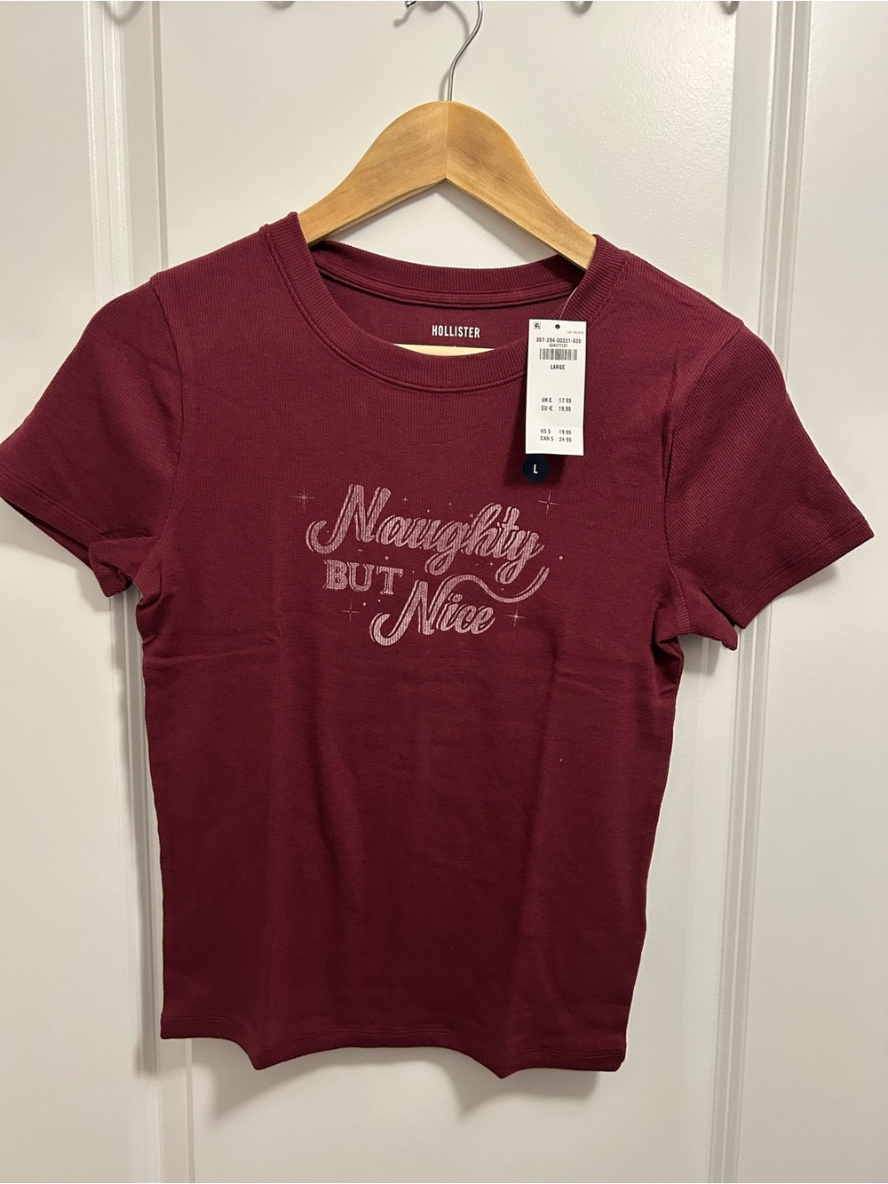 Hollister NWT Burgundy 'Naughty But Nice' Short Sleeve Baby Tee SIZE LARGE